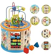 8-in-1 Wooden Activity Cube for Toddlers - Multi-Functional Learning Toy with Bead Maze, Shape So...