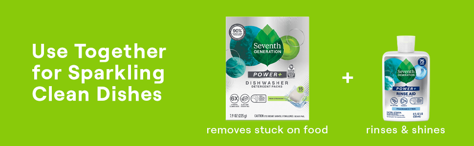 Use together for sparkling clean dishes. Dish pack box and rinse aid bottle on lime green background
