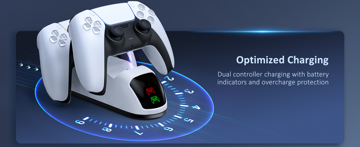 One dock shows two PS5 controllers charging front-facing