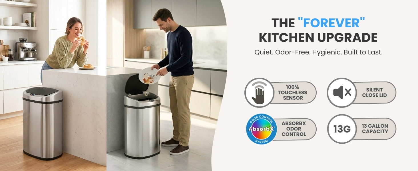 iTouchless stainless steel sensor kitchen trash can with soft-close lid and odor filter