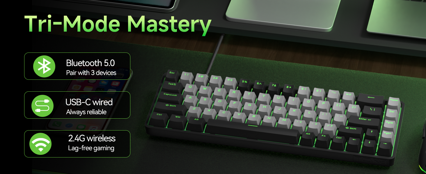 Gaming keyboard with backlit green keys against dark background, featuring mechanical switches and minimalist design.