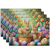 Wnoesat Easter Rabbits Eggs Placemats Set of 4 Easter Bunny Tulip Flowers Table Place Mats Season...