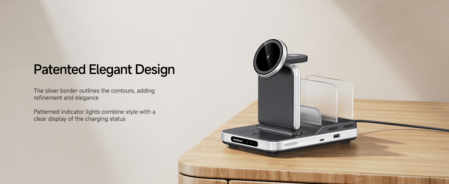 Sleek wireless charging station with elevated camera-like component. Features multiple USB ports and a stand for a smartphone or tablet device.