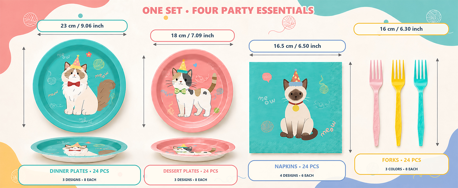 96PCS Cute Cat Party Plates and Napkins for Party Supplies