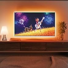 a television with a cartoon dog playing guitar and a man playing guitar.