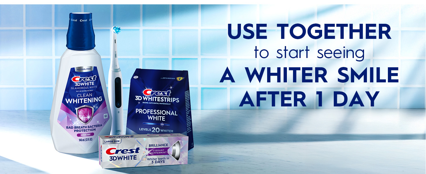 Crest 3DWhite oral care products on a bathroom counter. Use together for a whiter smile after 1 day.