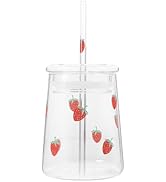 Healifty Strawberry Glass Cups with Lid: 600ML 20oz Cute Clear Drinking Straw Drink Cups Thickene...