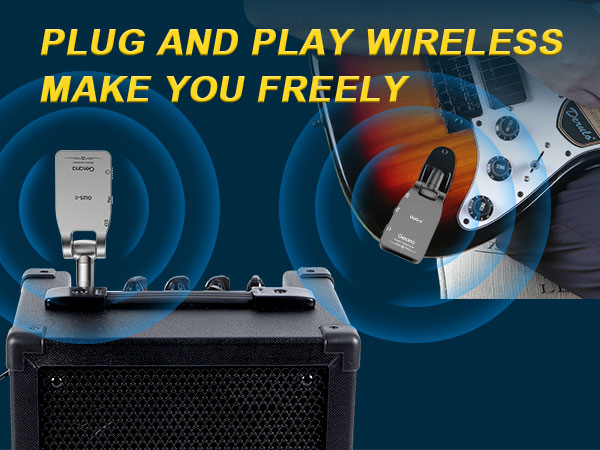 Wireless guitar system with transmitter on amplifier and receiver on electric guitar. Text 'PLUG AND PLAY WIRELESS MAKE YOU FREELY' visible.