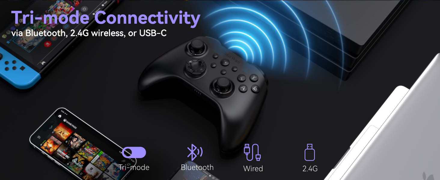 Text reads 'Tri-mode Connectivity'. Marketing image showing wireless connectivity icons for Bluetooth, 2.4G wireless, and USB-C, with blue technological interface design elements.