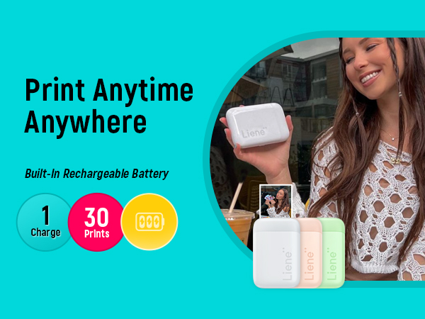 Portable printer advertisement showing white compact device with '30' and battery icons, emphasizing mobile printing capability.