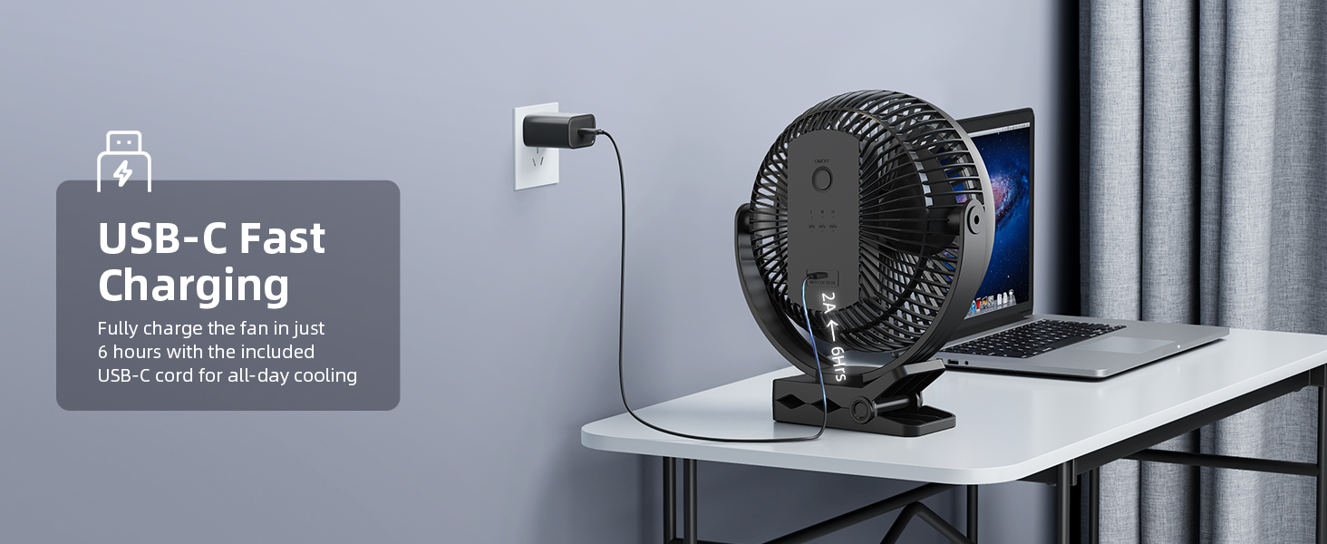 USB-C powered desk fan setup next to laptop, highlighting fast charging capability and flexible mounting options.