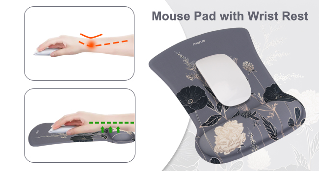 Text reads 'Mouse Pad with Wrist Rest'. Multiple views of ergonomic mouse pad with wrist support shown in gray color, demonstrating different angles and usage positions.