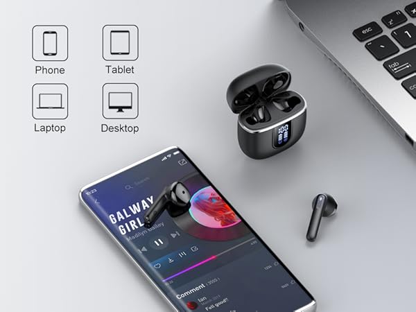 Wireless earbuds with charging case displayed alongside smartphone showing music player interface. Device compatibility icons show Phone, Laptop, Tablet, and Desktop support.
