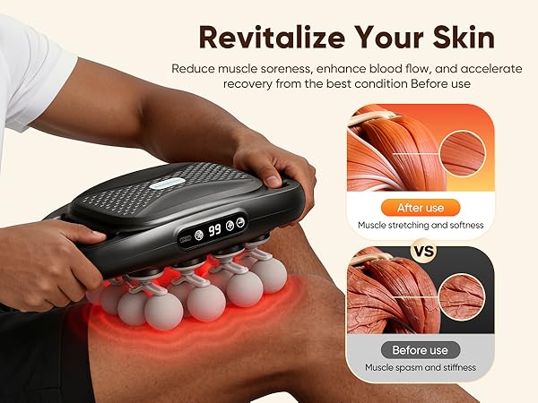 Deep tissue massage gun used on leg muscles to reduce soreness and support workout recovery.