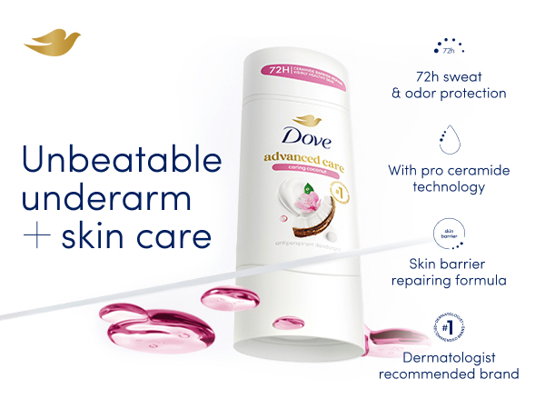 Dove's Invisible Caring Coconut antiperspirant spray next to product's benefits &amp; product drops.