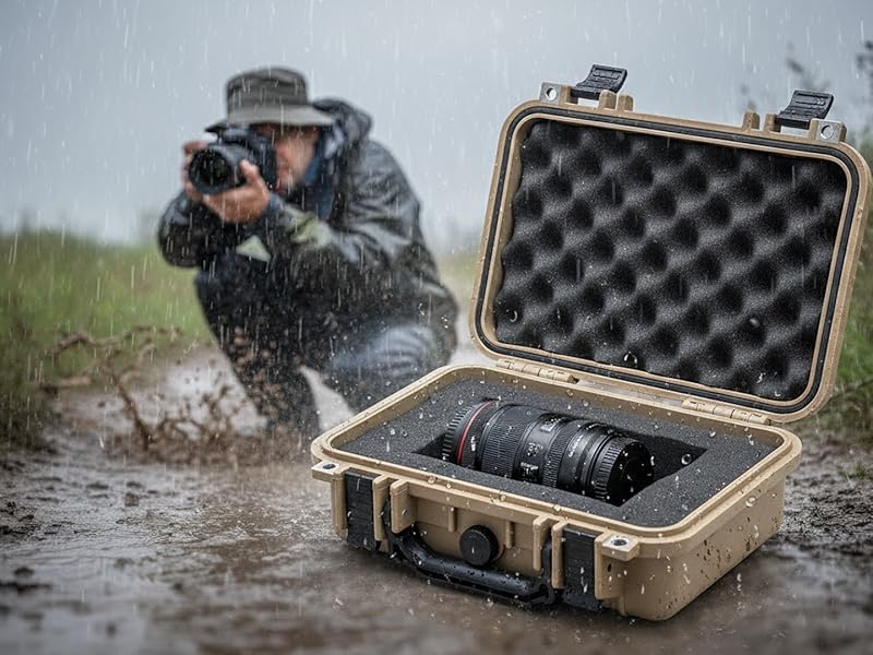 Multiple photos showing a protective hard case being used in wet conditions. Black foam-padded equipment case with protective design shown being used in rain and splashing water.
