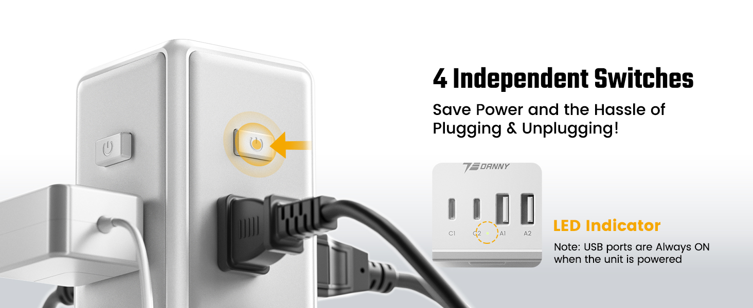 4 independent switches power strip with usb ports