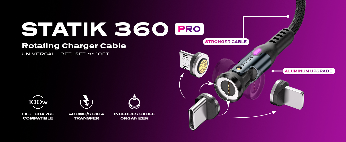 Statik 360 Pro rotating charger cable. Features 360-degree magnetic rotation, multiple connectors, and fast charging capability. Purple background with product details.