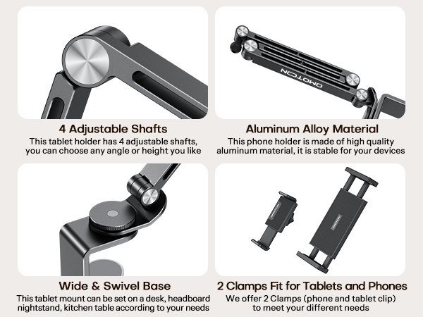 Text reads: 'Wide & Swivel Base', '2 Clamps Fit for Tablets and Phones', 'This tablet holder has 4 adjustable shafts', 'This phone holder is made of high quality aluminum material'. Technical product images showing adjustable tablet/phone mount features.