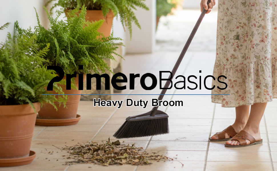 Primero Basics Black Broom for Floor Cleaning, 35&amp;#34; Heavy Duty Iron Handle Angled Broom with Stiff