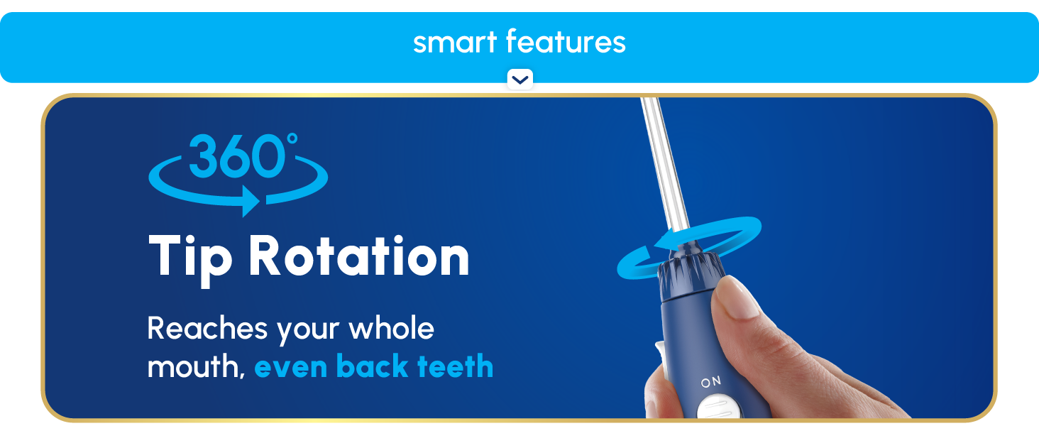 Image of Waterpik tooth flosser tip with text reading three hundred sixty tip rotation.