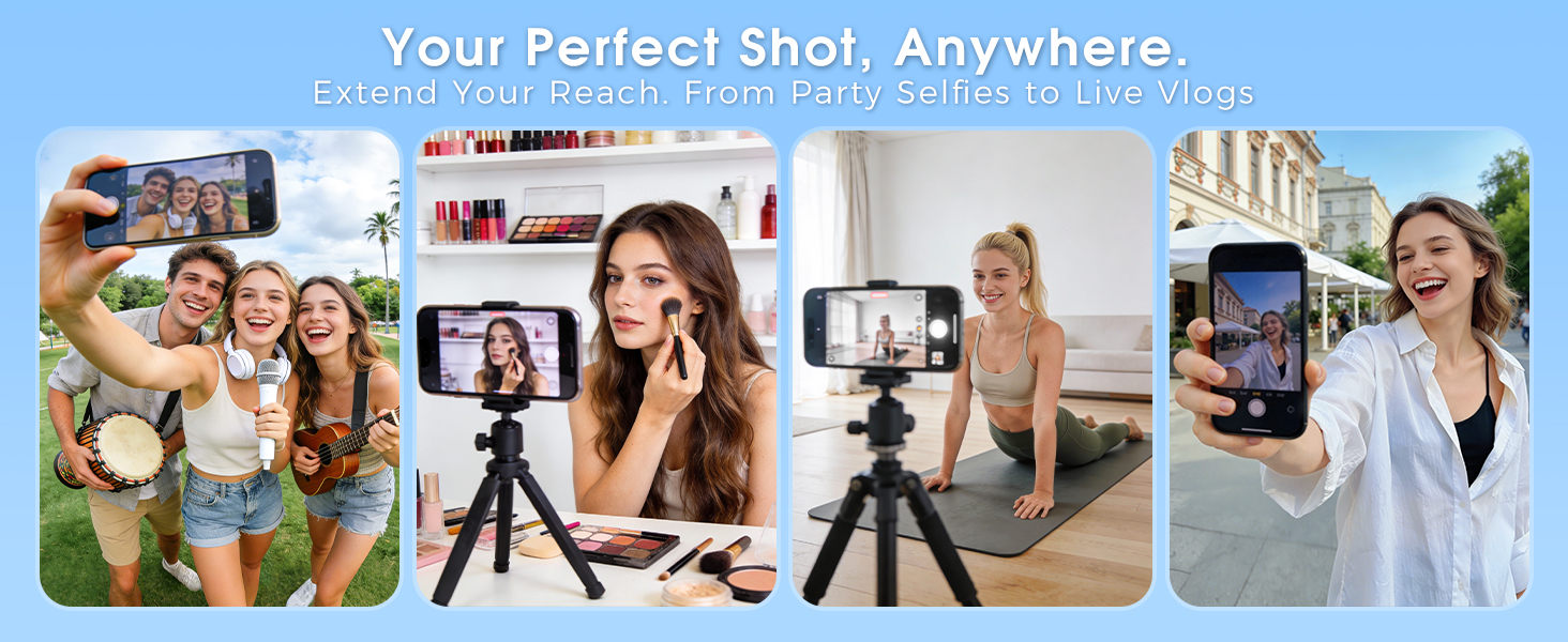 Series of lifestyle photos showing people taking selfies and group photos with smartphones in various casual settings.