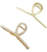 2 Pcs Matte Gold Pearl Hair Claws for Women: Large Metal Clips with Pearls for Thick Hair - Non-S...
