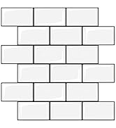 LONGKING Premium Thicker Design Peel and Stick Tile for Kitchen Backsplash, White/Black Grout (10...