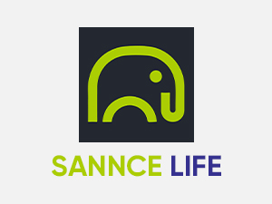Text reads 'SANNCE LIFE'. Abstract logo designs in green and black showing curved lines and geometric shapes.