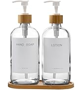BONLONG Clear Glass Soap Dispenser with Bamboo Pumps&amp;Tray&amp;Labels, Soap Dispenser Bathroom Set, Ha...