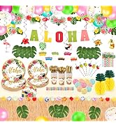321PCS Hawaiian Luau Party Decorations 24 Set of Disposable Tableware, Aloha Party Decorations wi...