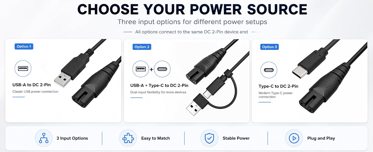 DC 2-pin charging cable for select water flossers with figure-8 charging port