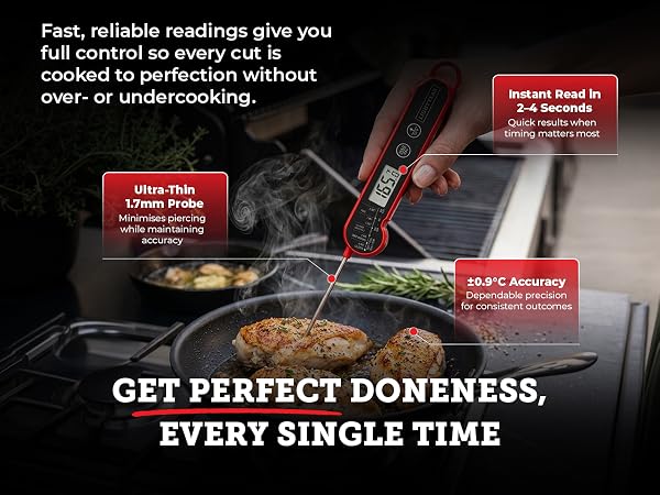 meat thermometer being inserted into a grilled steak showing instant temperature reading on display