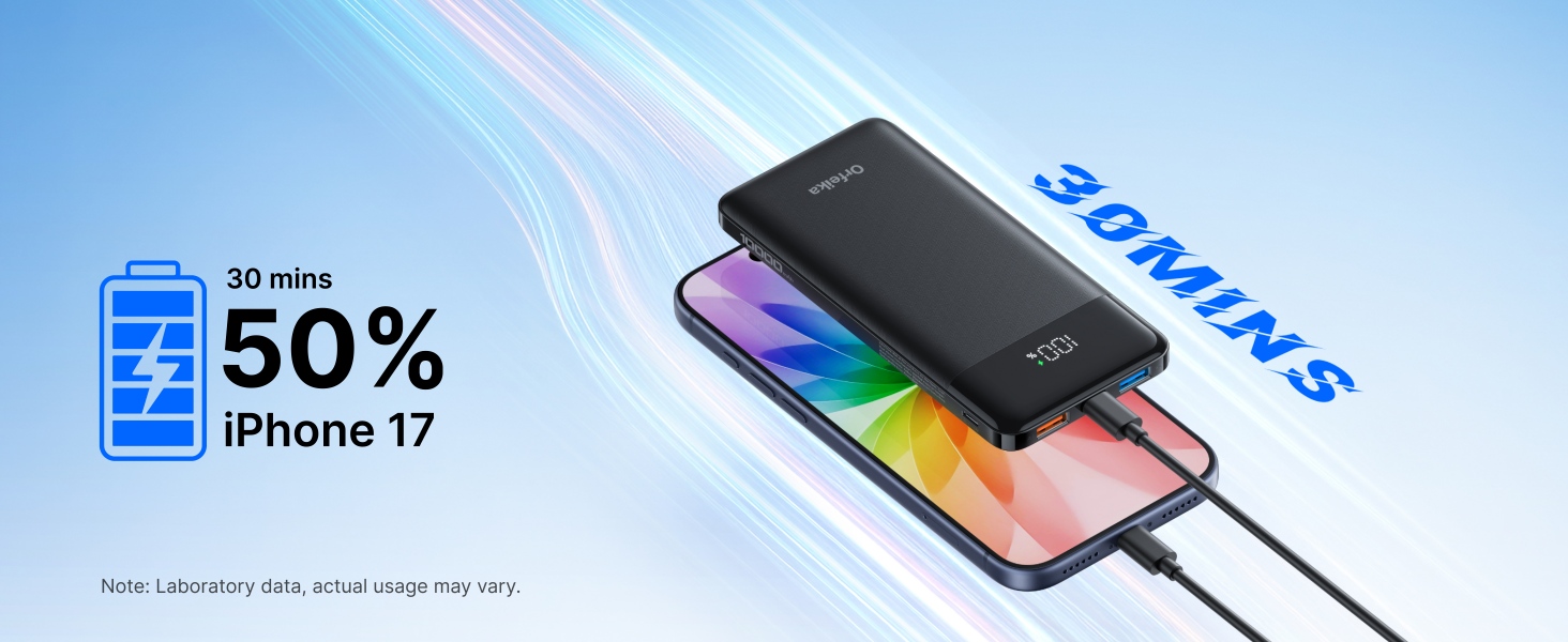 Text reads 'iPhone 17' and '50%'. Product advertisement showing multiple smartphones and charging devices with percentage indicators and power symbols.