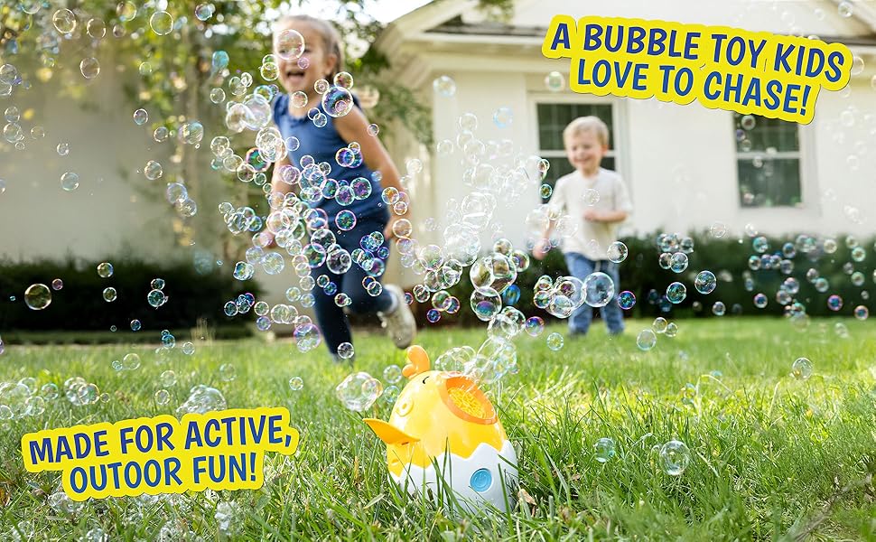 The Maxx Bubbles Dancing Chick flaps its wings, spins, and blows magical bubbles for oddler fun!