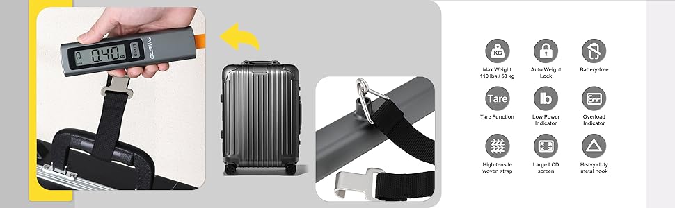 ECSiNG Portable Luggage Scale Battery Free - Digital &amp;amp; Backlit LCD Display