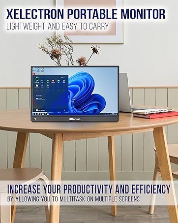 Xelectron portable monitor on wooden table, displaying Windows interface. Text emphasizes lightweight design and productivity benefits.