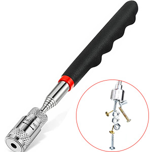 Ergonomic screwdriver with black rubber grip handle and metal chuck, shown with detailed view of screw components in red circle.