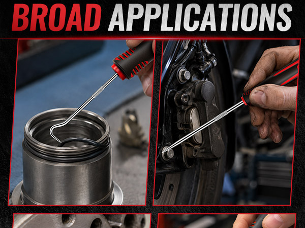 Automotive pick set shown in four workshop close-ups around seals and metal components.