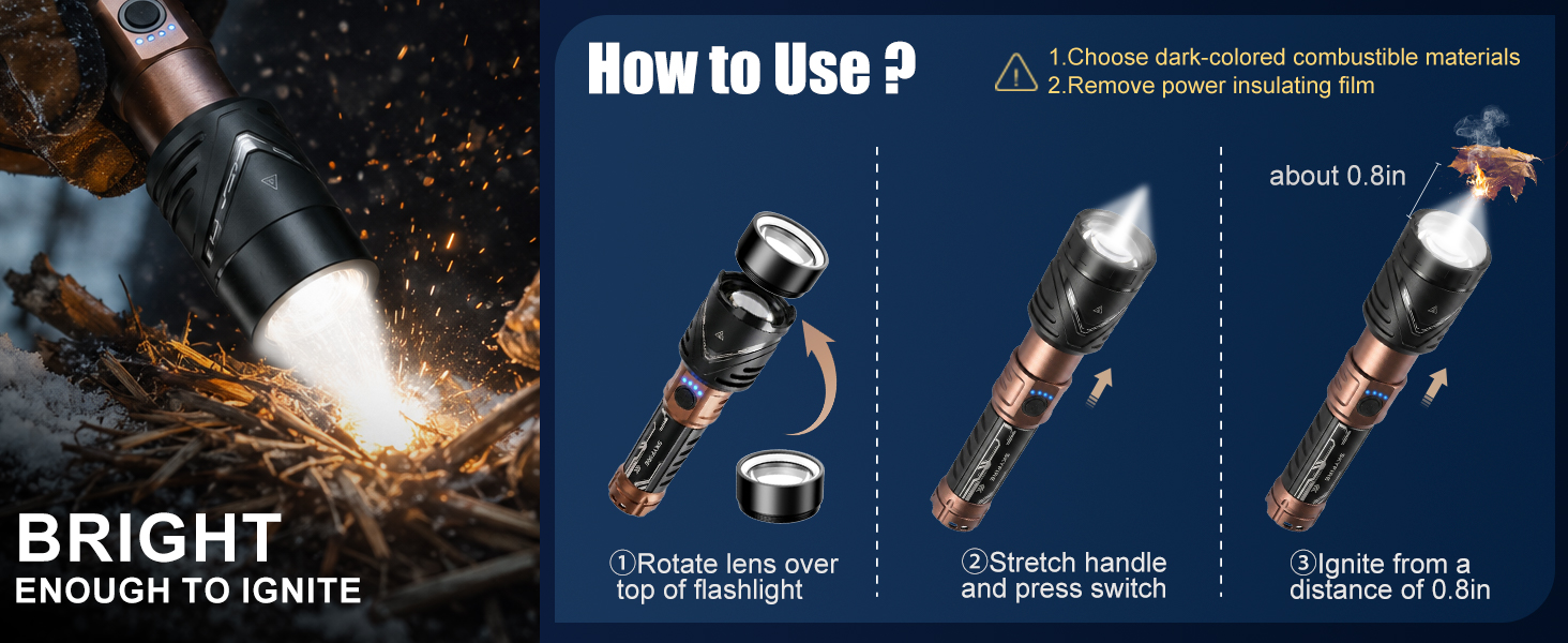 SKYFIRE Rechargeable Flashlight with Ignition Lens &amp;amp; White Yellow Blue Light