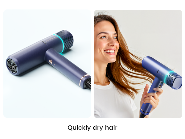 Text reads 'Quickly dry hair'. Purple-colored hair dryer shown in two views - product shot and in-use demonstration, featuring metallic finish and sleek design.