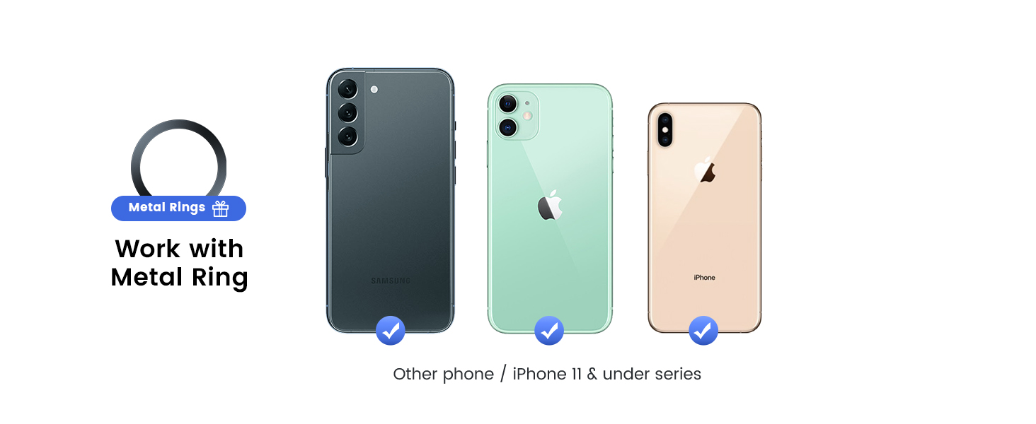 Work with Non-Magsafe Phones and Cases Included Metal Rings Car Phone Mount