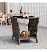 kinbor Outdoor Wicker Side Table - Tempered Glass Top Small Outdoor Table with Storage Shelf for ...
