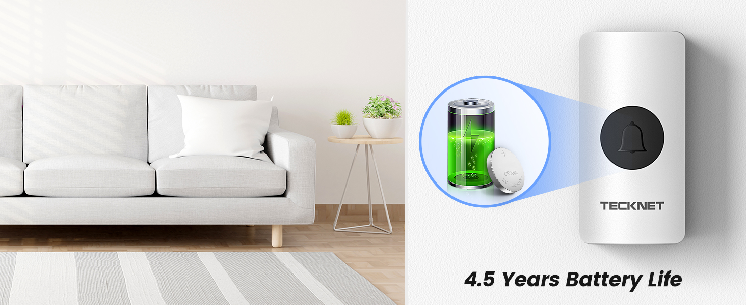 White cylindrical device in a living room setting. Inset icon shows 4.5 years battery life claim.