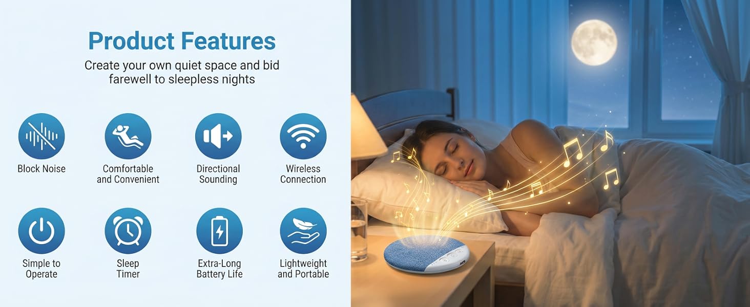 Ultra-Thin Bluetooth Pillow Speaker with White Noise Timer Wireless Sleep Aid