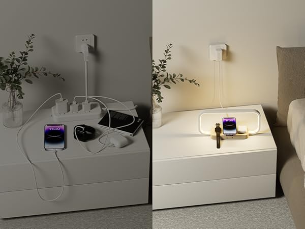 Split image showing white bedside charging setup with purple digital display, comparing dark and illuminated lighting conditions.