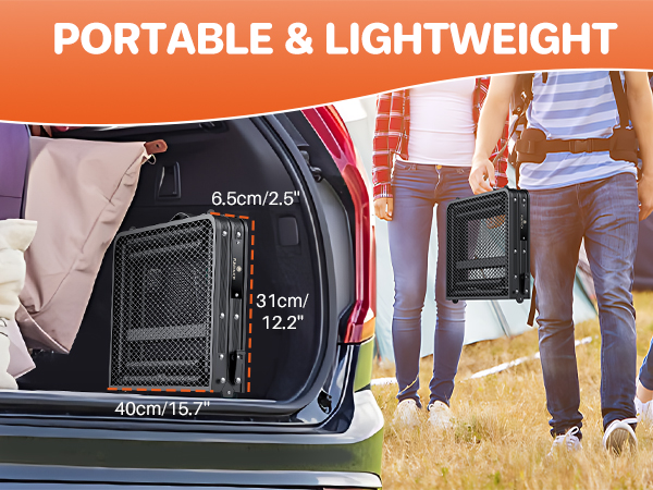 Portable pet carrier demonstration showing size dimensions and transport versatility, with car trunk placement and carrying options.