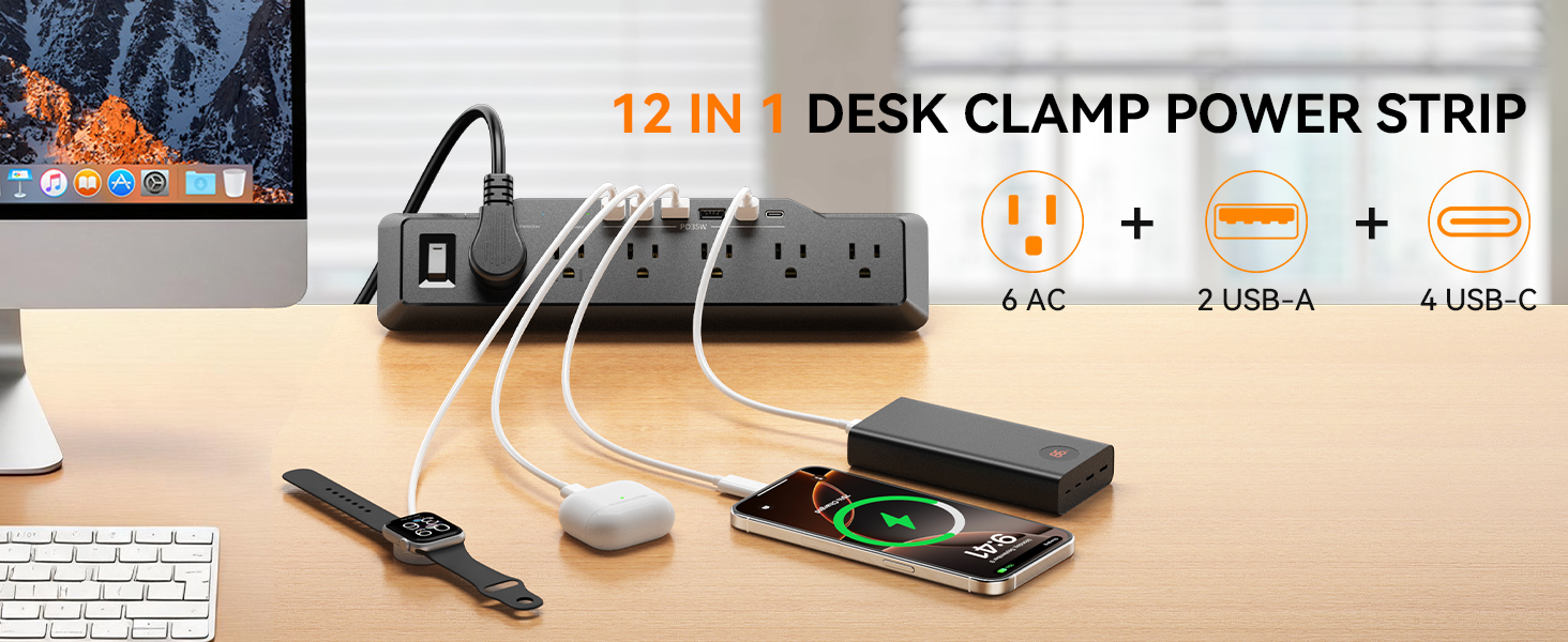 6 ft Flat Plug Dorm desktop charging station with 1800j surge protector