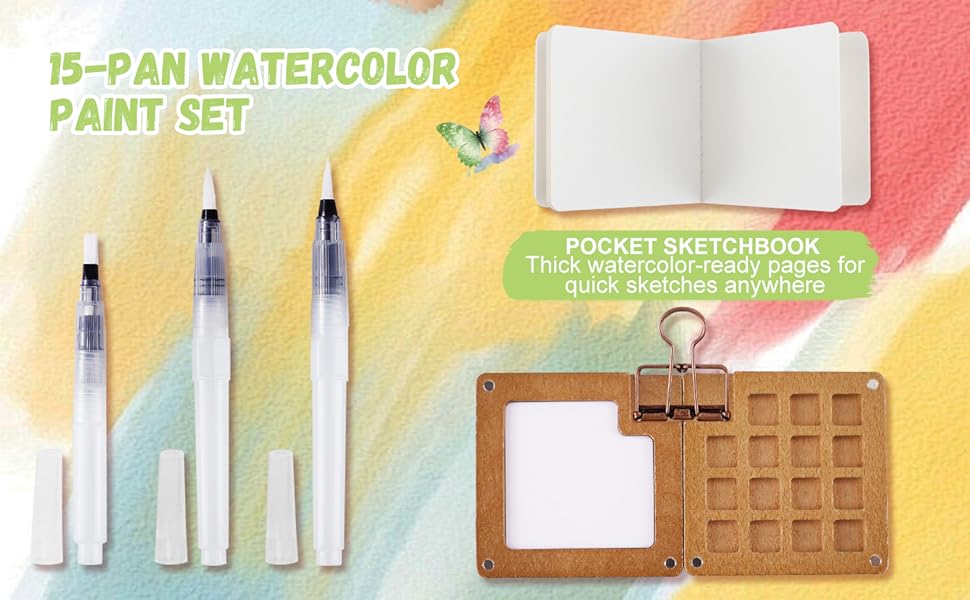 Mini watercolor travel set with 15-pan palette, pocket sketchbook, brushes, and wood box.