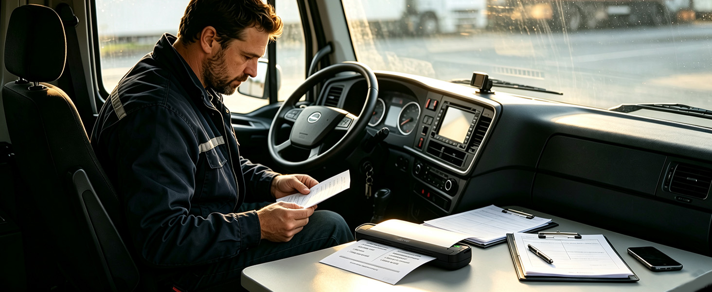 Truck driver uses the ST80A mobile printer to print forms, schedules, documents inside a truck cab